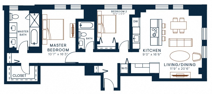 Floor plan for 2 beds, 2 baths, 1269 sqft
